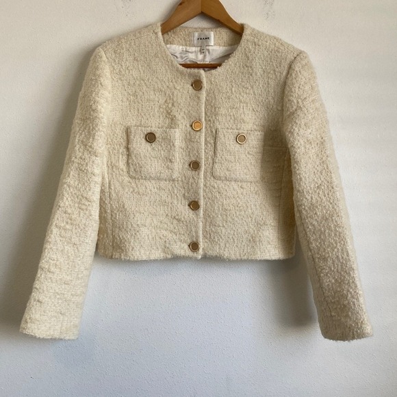 Frame Denim Jackets & Blazers - Frame Denim Cream Bouclé Cropped Button Jacket
